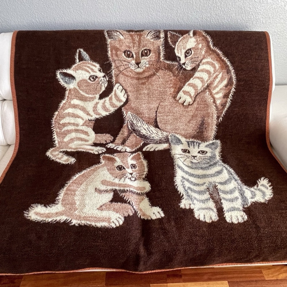 Vtg 80s Biederlack Cat Blanket Plush Reversible Brown Kitten Throw West Germany
